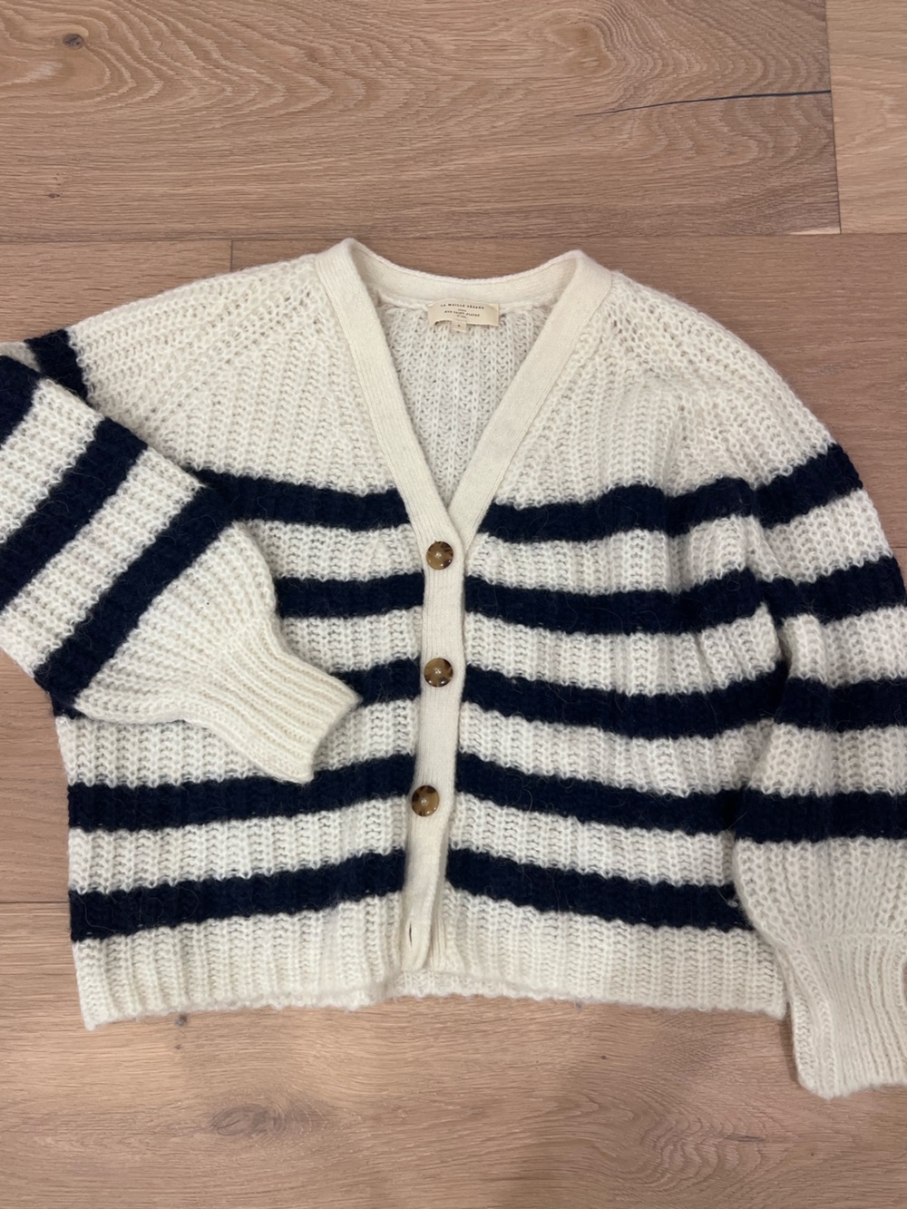 SEZANE Striped Button-Front Cardigan - Cream & Navy